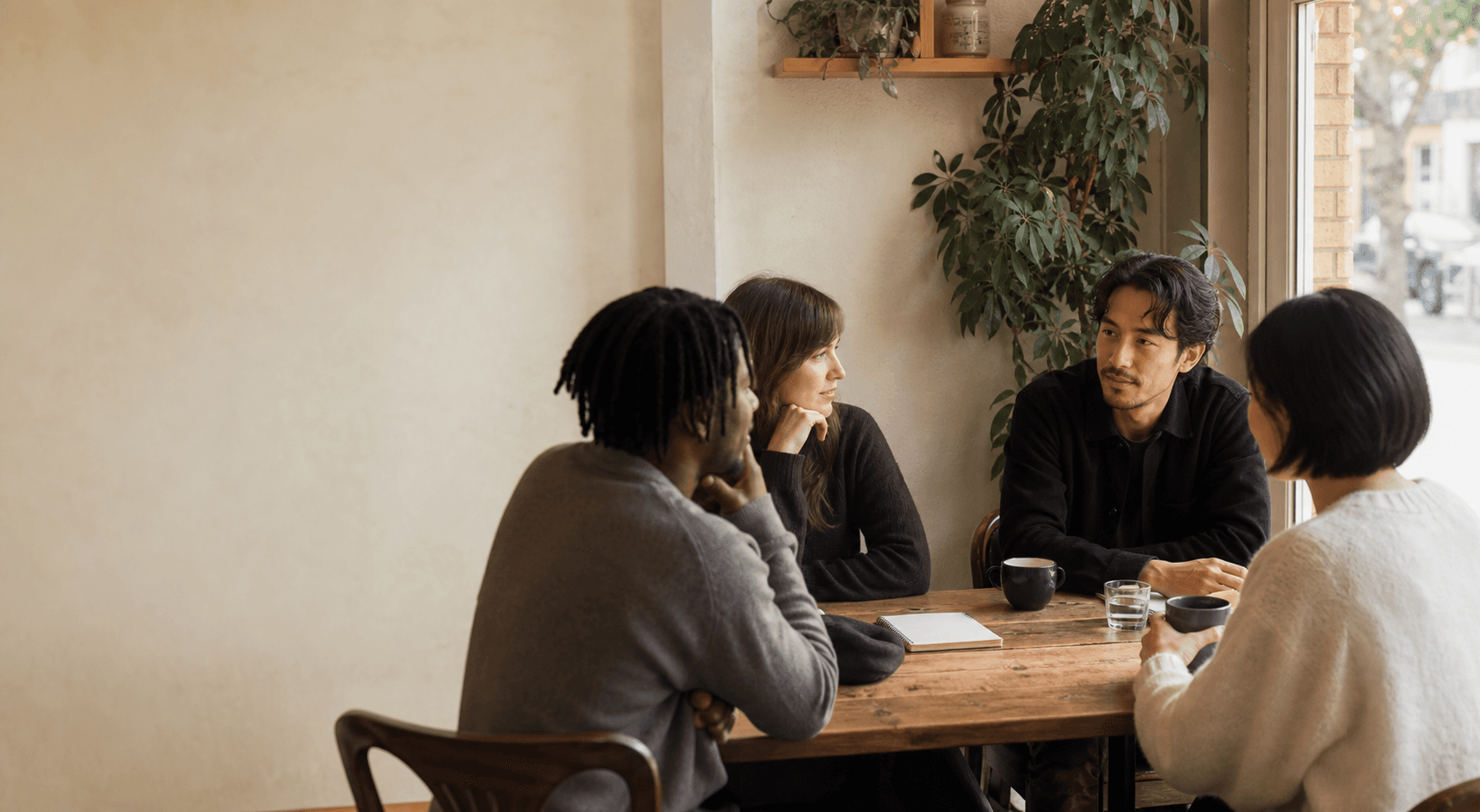 A small group of people talking at a neighborhood cafe table